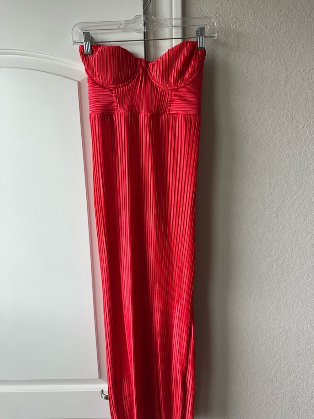 Hello Molly Strapless Pleated Midi Dress in Red